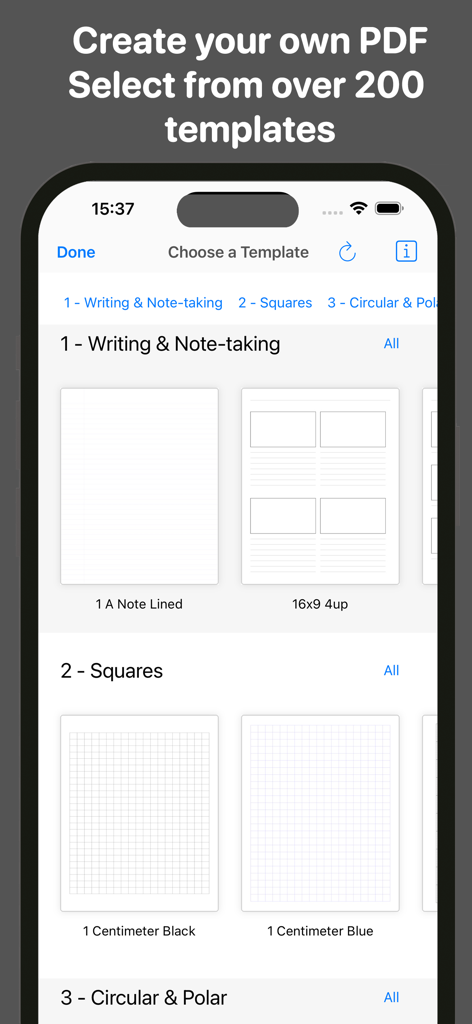 Interfaz de la aplicación FreePDF que muestra varias plantillas para escribir y tomar notas en un iPhone.