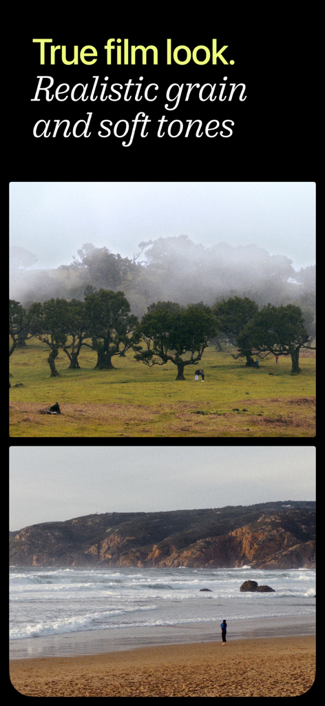 Lampa — Digital & Film Camera - Two landscape photographs showcasing the realistic film grain and soft tones of the Lampa camera app
