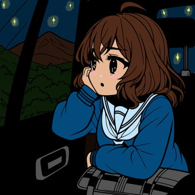 anime girl sighing with elbow on window sill on the back seat of the car looking outside the window of the car