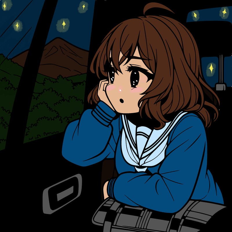 anime girl sighing with elbow on window sill on the back seat of the car looking outside the window of the car