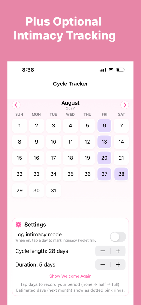 Period Calendar Cycle Tracker - Interfaz del calendario del ciclo menstrual con seguimiento opcional de la intimidad y configuraciones del ciclo.