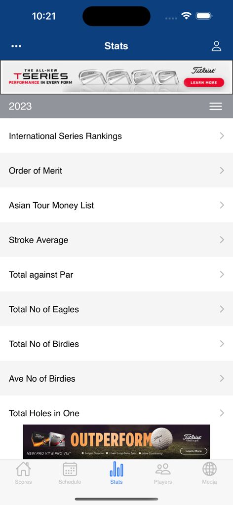 Asian Tour - 골프 선수들의 순위와 성과 데이터를 나열하는 아시안 투어 앱의 통계 메뉴