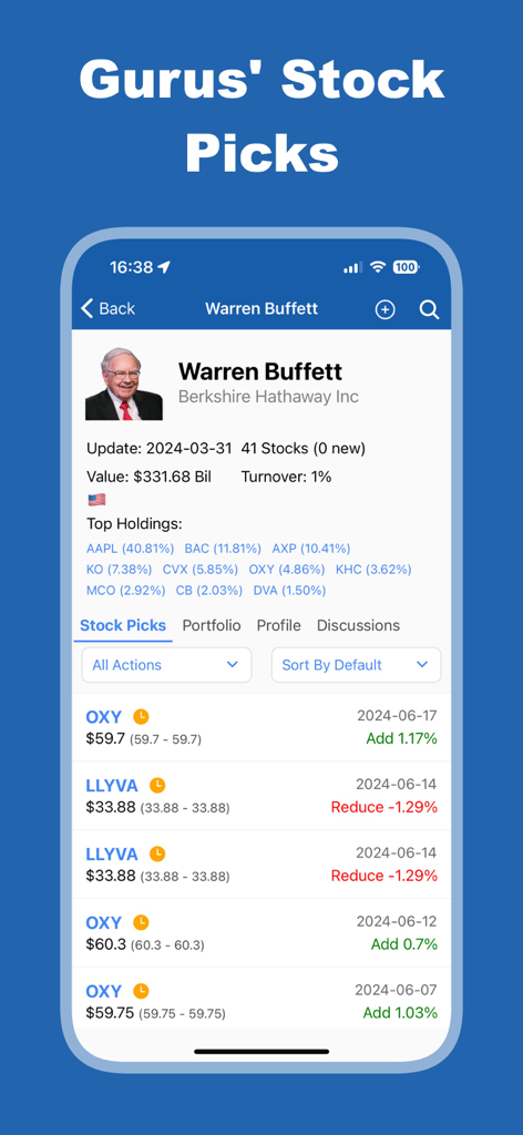GuruFocus - Aplicativo móvel GuruFocus mostrando as escolhas de ações e as participações no portfólio de Warren Buffett