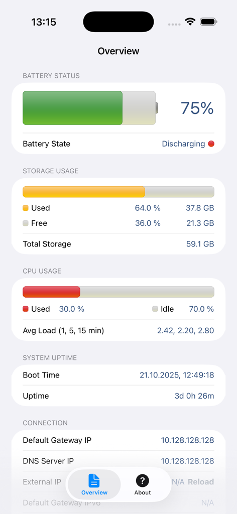 Panel de la aplicación System Status mostrando nivel de batería, uso de almacenamiento, carga de CPU e información de red