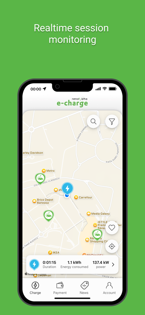 e-charge - e-charge app interface showing real-time EV charging session data and map navigation