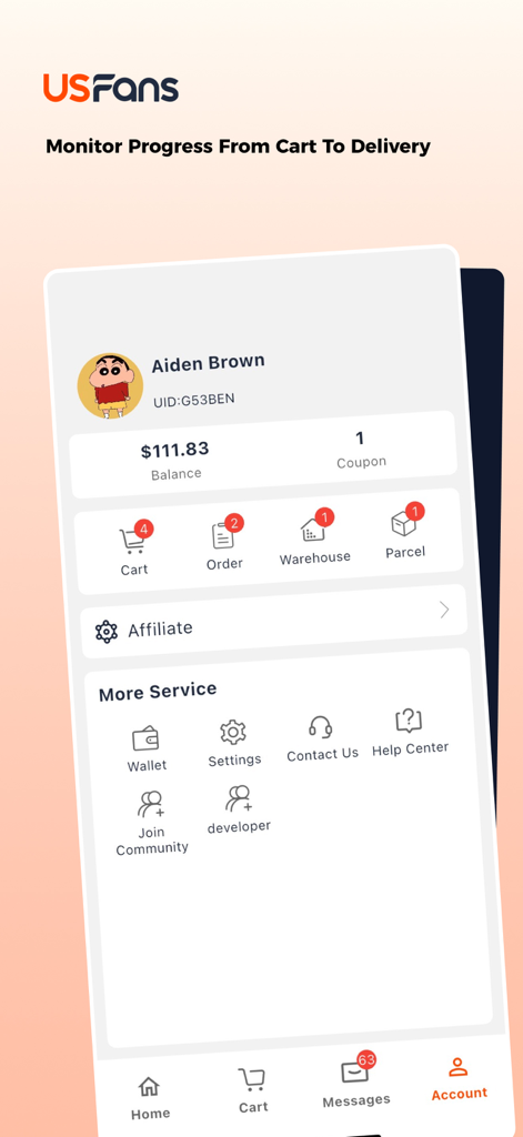 USFans-Shop China,ShipAnywhere - The account profile screen of the USFans app showing order progress and wallet balance