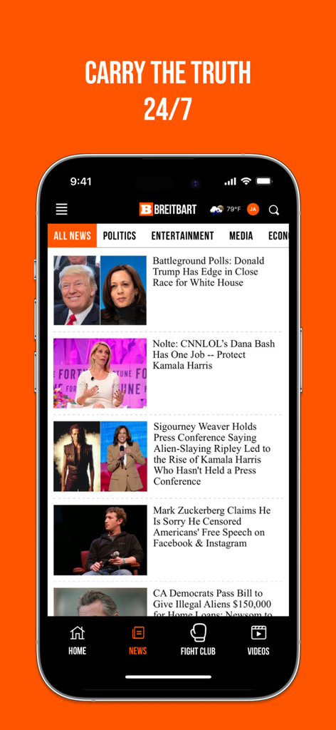 Breitbart - Breitbart News app home screen displaying breaking political news and analysis