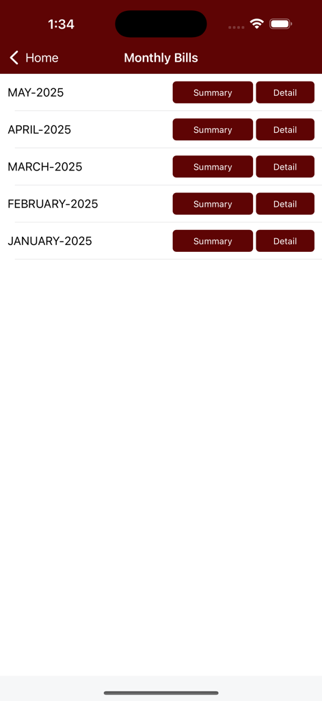 L'écran des factures mensuelles de l'application Calcutta Club affichant les relevés du début de 2025.