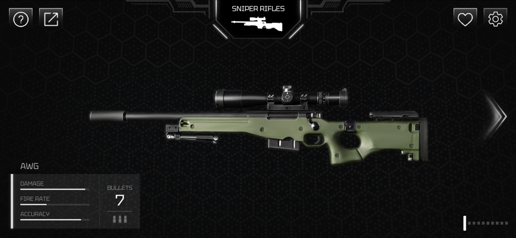 Real Gun - Un rifle de francotirador AWG verde mostrado en el simulador de la aplicación Real Gun con estadísticas del arma