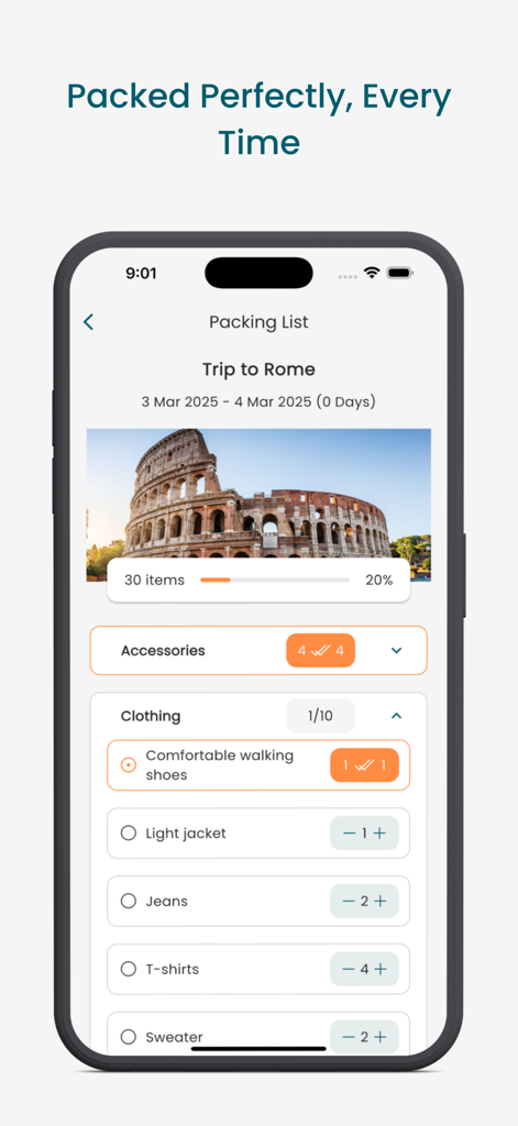 TourAI - AI Travel Planner - Eine intelligente Packliste für eine Reise nach Rom, angezeigt in der TourAI-App.