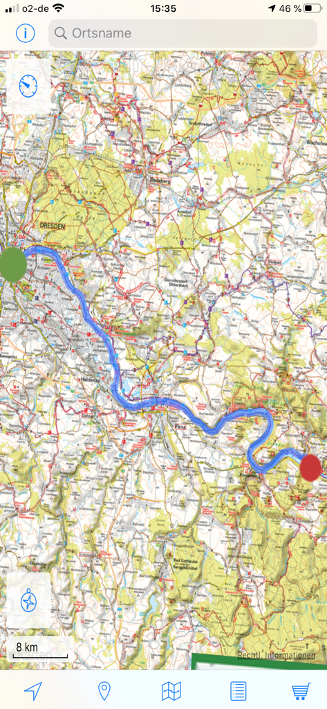 ADFC Karten - Detaillierte Fahrradnavigationskarte der Region Dresden, die eine Radroute zeigt