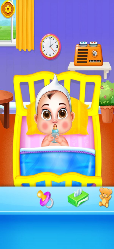 Cute Baby Sitter Daycare Games - Cartoon baby drinking from a bottle while lying in a yellow crib