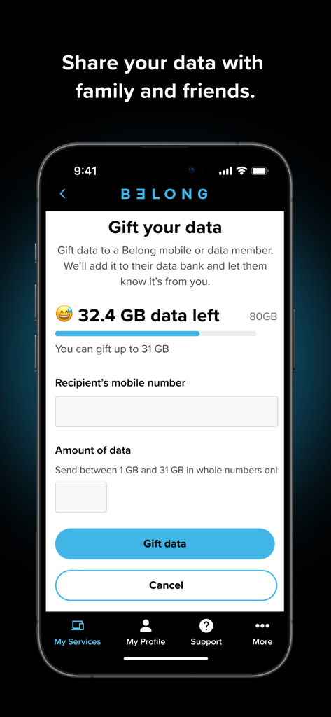 A mobile interface for the Belong app showing the gift your data feature to share mobile data with friends and family
