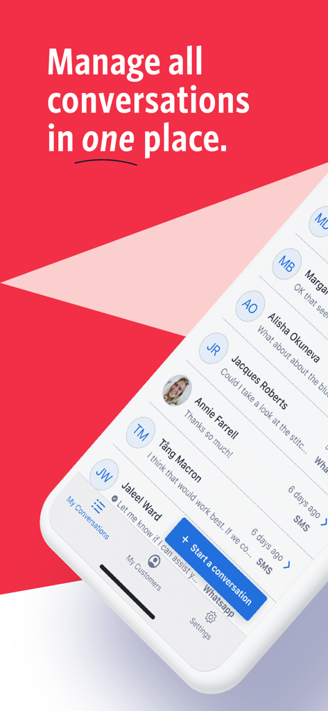 Aplicación móvil Twilio Frontline mostrando una lista de conversaciones de clientes de SMS y WhatsApp en una bandeja de entrada unificada.