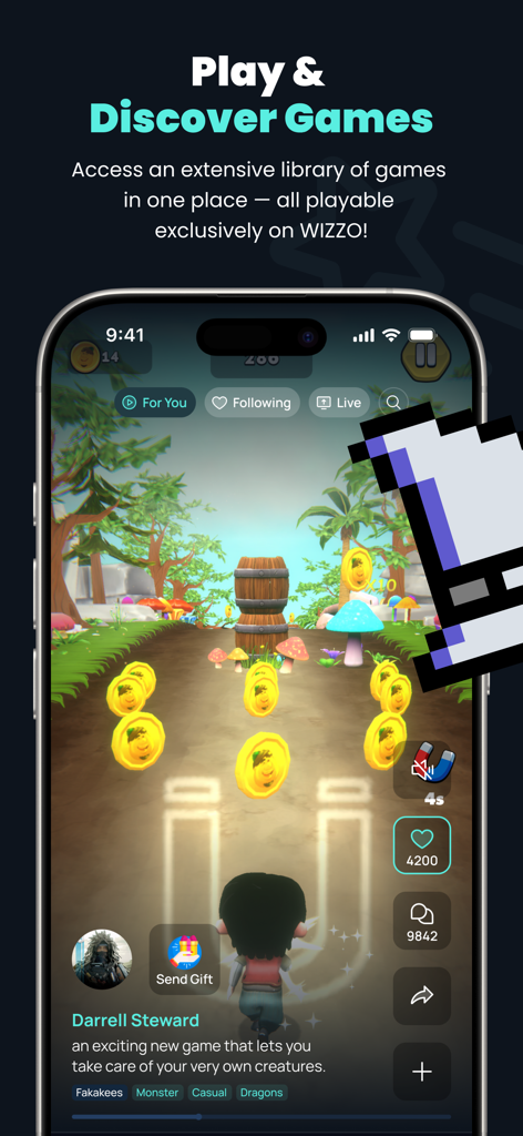 WIZZO - Um smartphone exibindo um jogo casual de corrida dentro do aplicativo WIZZO com ícones de engajamento social e um botão de presente ao vivo