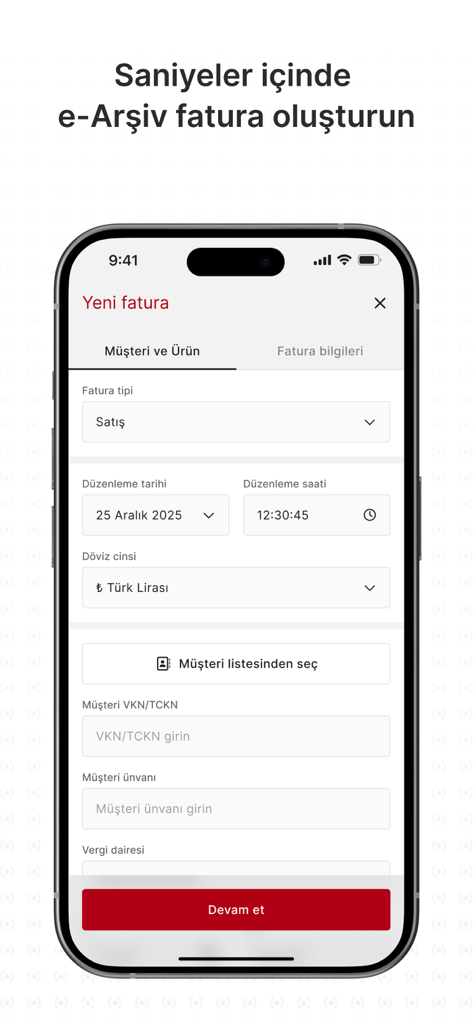 e-Arşiv Fatura Portal - Mobile screen of the e-Arşiv Fatura Portal app showing a new invoice form with fields for customer information and date