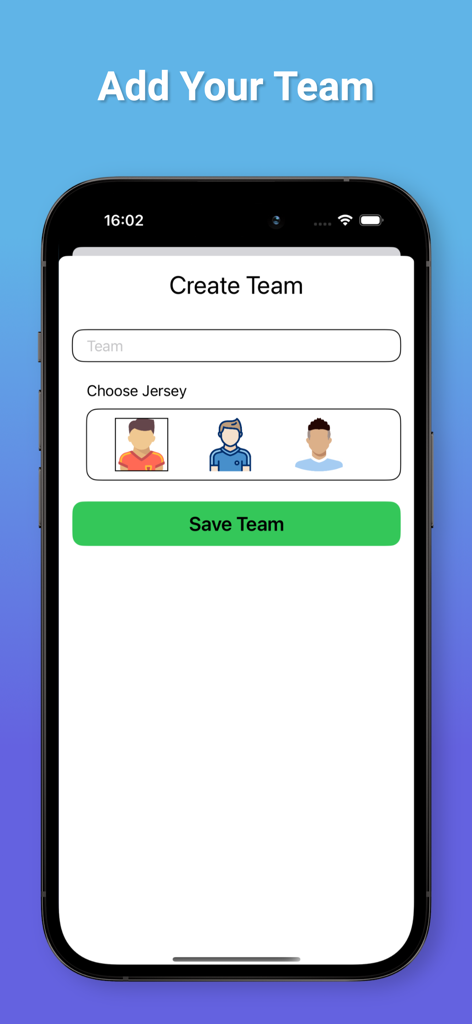 Interface do aplicativo Line Up Your Team mostrando a tela Criar Equipe com seleção de jersey e entrada do nome da equipe