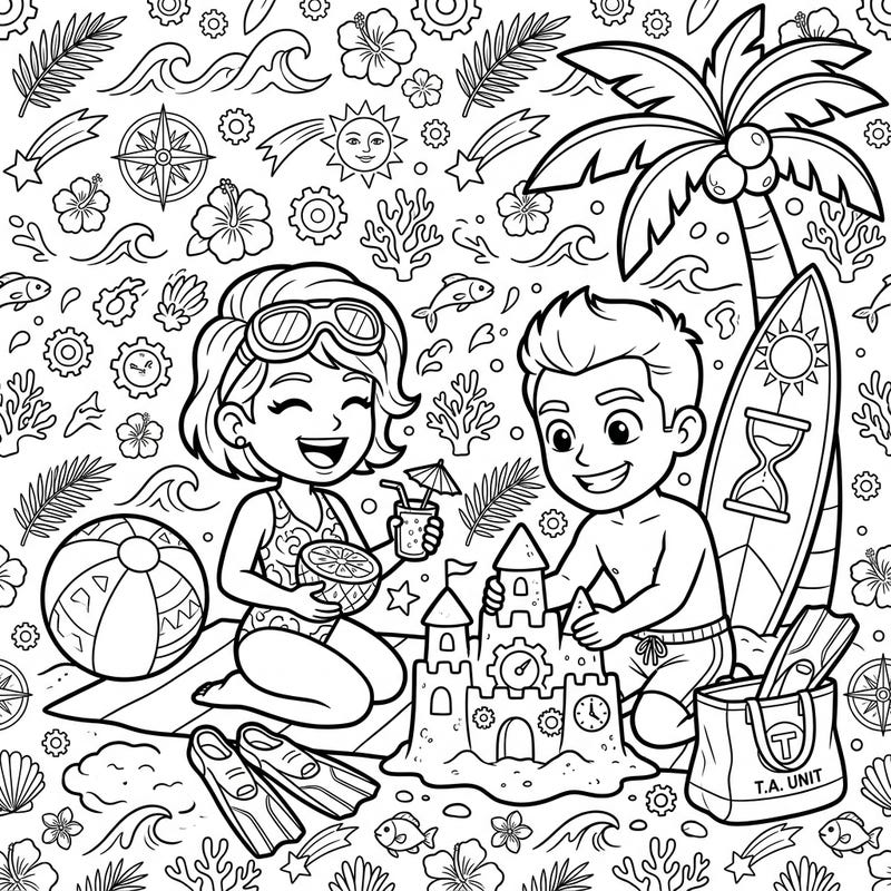 Prepare for a fantastic beach getaway with our brave Temporal Agents as they soak up the sun and enjoy a well-deserved break. This charming coloring page is bursting with summer joy, from sandcastles to tropical treats.
