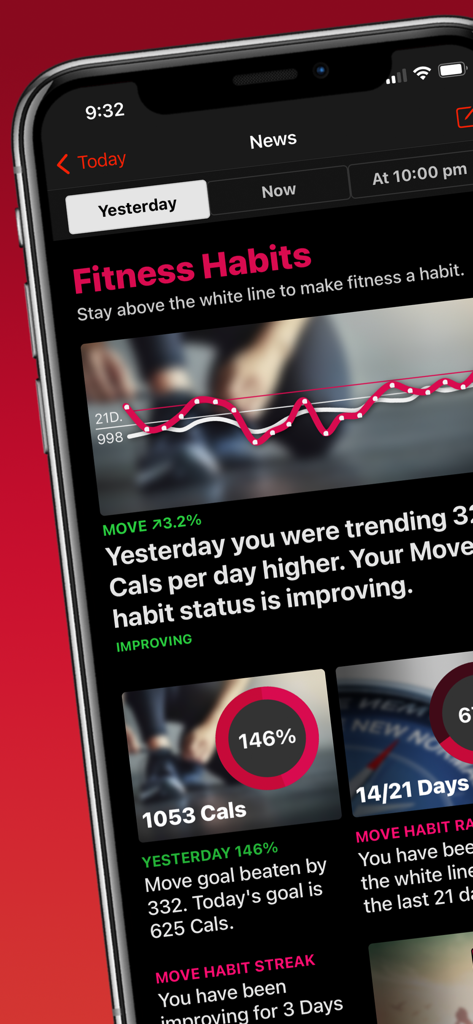 The HeartWatch app News screen showing fitness habit trends and daily activity progress on an iPhone