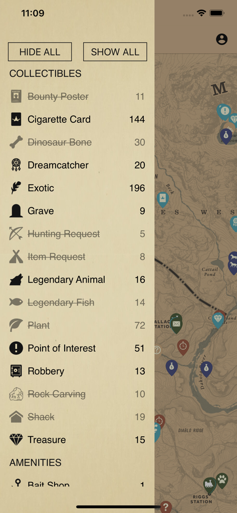 red dead redemption 2 unofficial map app showing a checklist of collectibles and categories