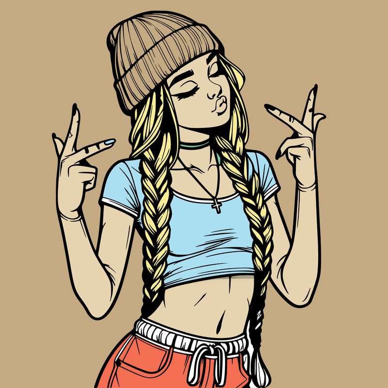 realistic teenage girl with braids and a beanie and crop top doing 🫶🏼