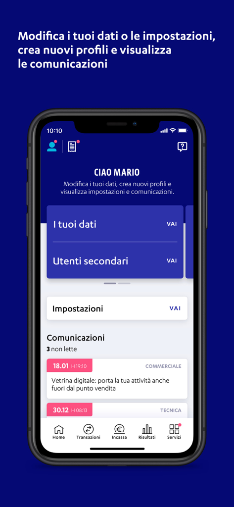 Schermata di gestione del profilo dell'app Nexi Business che mostra le impostazioni dei dati utente e la gestione degli utenti secondari