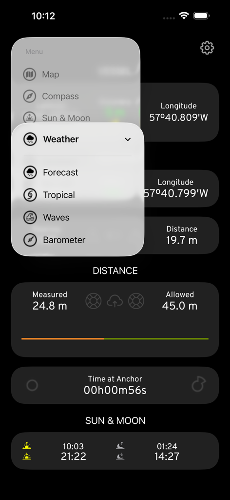 Anchor Plus app interface showing anchor monitoring status and a menu with weather and navigation tools