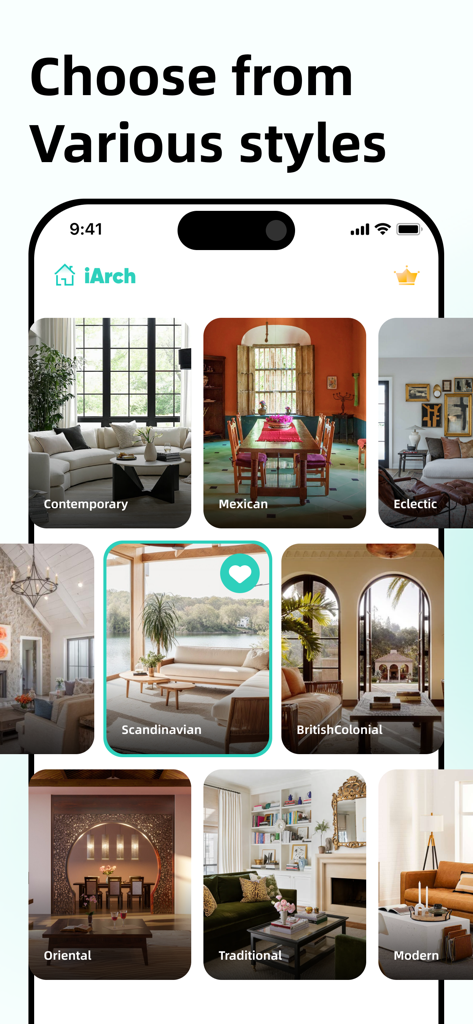 iArch - AI  Home Design - Mobile app interface displaying various interior design styles for AI home decoration