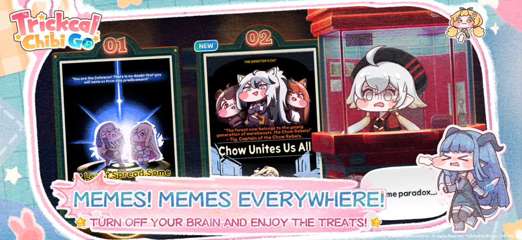 Screenshot von Trickcal Chibi Go mit süßen Chibi-Charakteren und humorvollen Meme-inspirierten Panels.