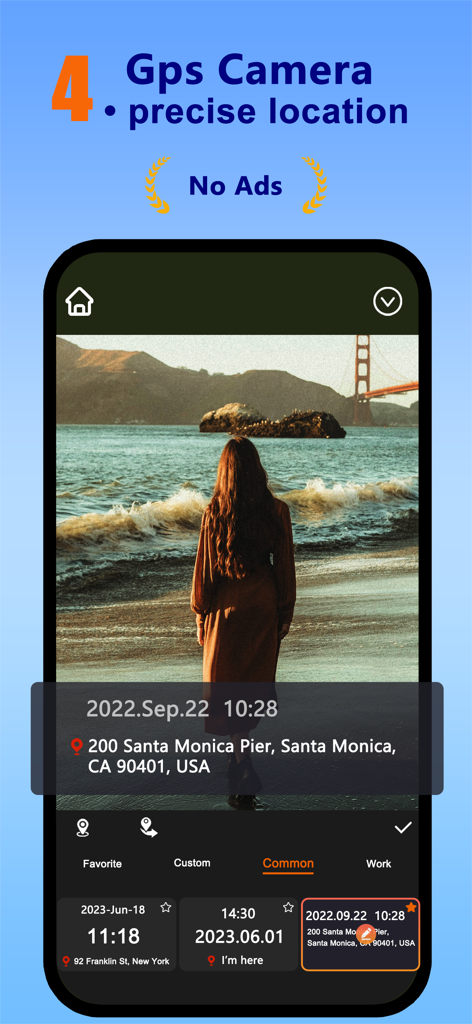 Smartphone screen showing the Timestamp Camera app interface with a photo of a beach featuring a GPS location and date watermark.