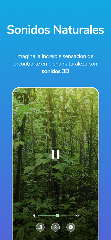 Relax Moment Dormir y Meditar - Pantalla de la aplicación Relax Moment que muestra un frondoso bosque verde con una función de sonidos naturales en 3D para meditación y sueño
