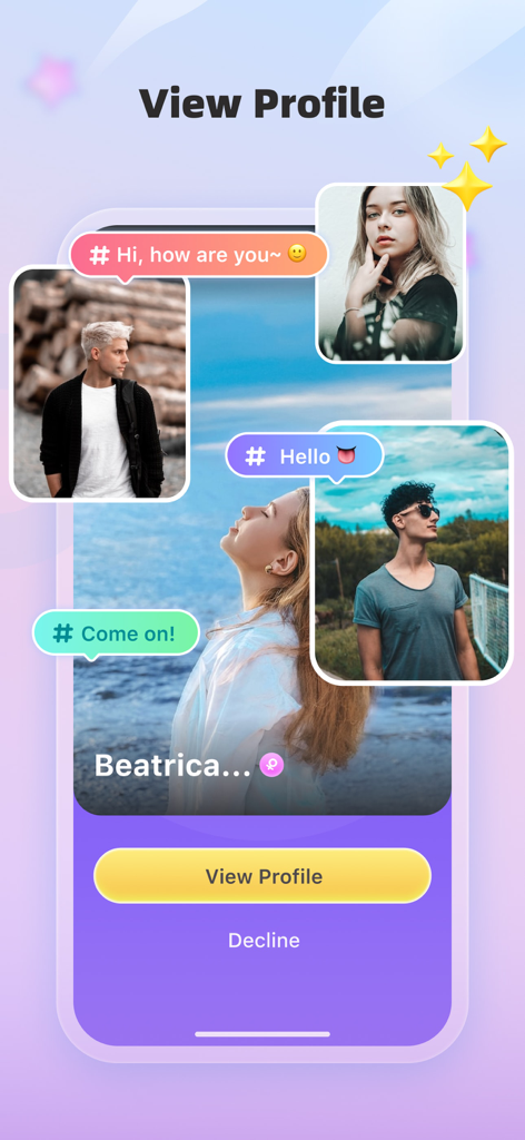 Gala - Social chat - Interface of the Gala app showing multiple user profile photos with a View Profile button