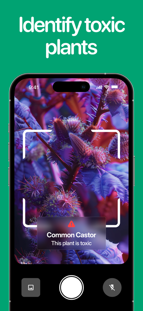 Planto: Plant Identifier - Planto app screen identifying a toxic plant called Common Castor