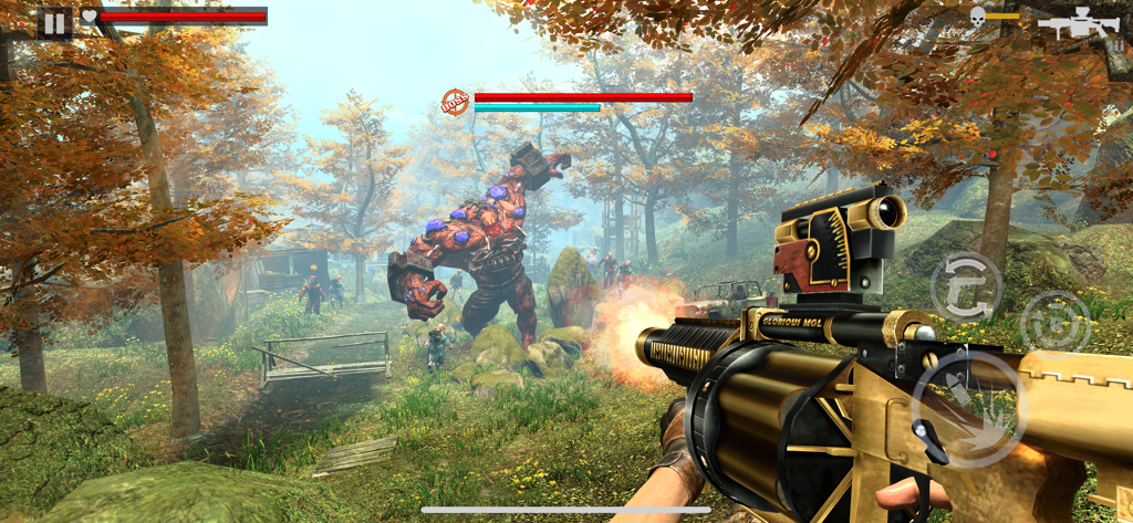 Zombie Fire 3D: Offline Game - A first person perspective of a player firing a heavy golden weapon at a giant mutant boss in a forest setting in Zombie Fire 3D.