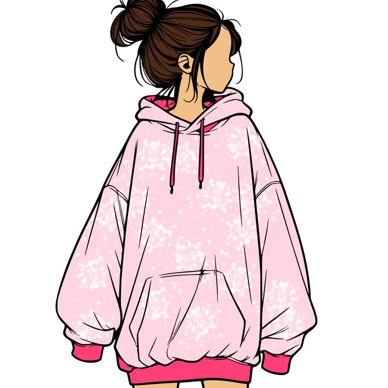 realistic girl with a oversized sweatshirt on and a bun