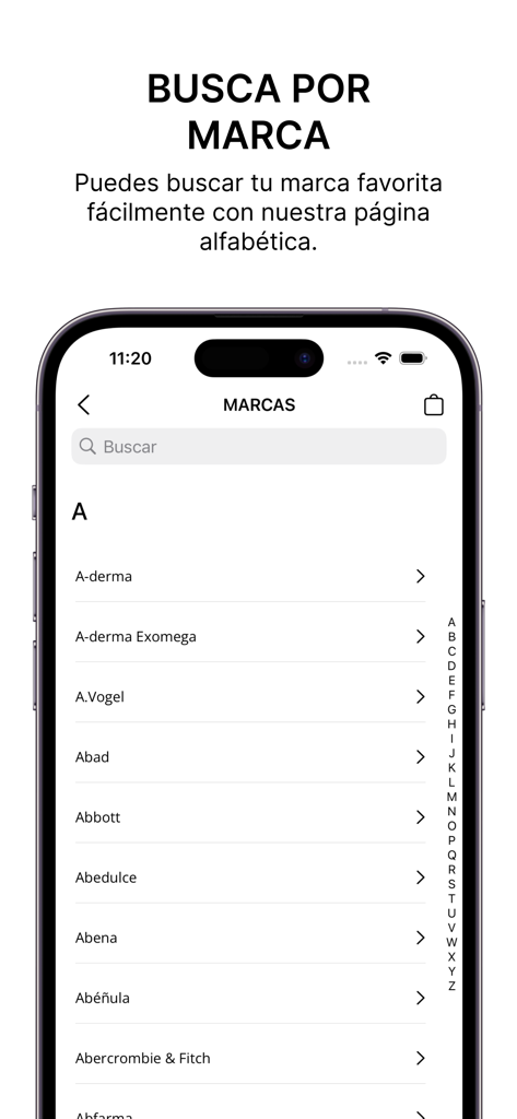 Farma2go - Parafarmacia Online - Farma2go app interface showing an alphabetical list of health and beauty brands for easy searching