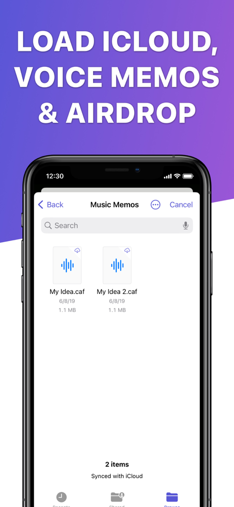 Interface of the app showing how to import audio files from iCloud and Voice Memos for AI enhancement and conversion.
