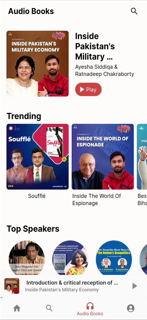 Swarajya app audio books screen featuring geopolitical and historical titles with a list of top speakers.