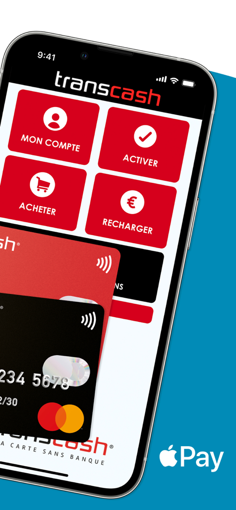 Transcash® Mastercard® - Dashboard dell'app mobile Transcash su iPhone che mostra le opzioni per la gestione del conto, l'attivazione della carta e la ricarica con supporto Apple Pay