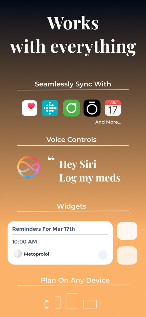 POTS Tracker - Tachycardia - Schermata delle funzionalità dell'app POTS Tracker che mostra la sincronizzazione delle app sanitarie, i controlli vocali Siri per la registrazione dei farmaci e i widget di promemoria dei farmaci.