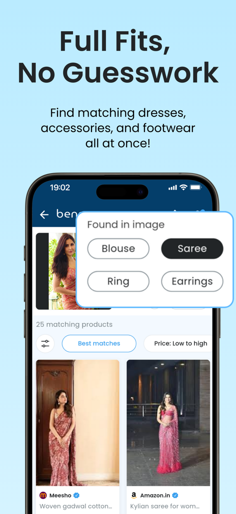 benny: AI fashion search - Benny app interface showing AI identifying a saree and accessories from an image to find matching products across stores.