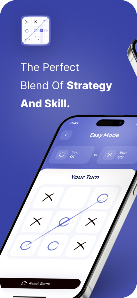 Sudoku & Tic Tac: Puzzle Games - Tic Tac Toe gameplay on a mobile phone showing a winning move and the easy mode interface.