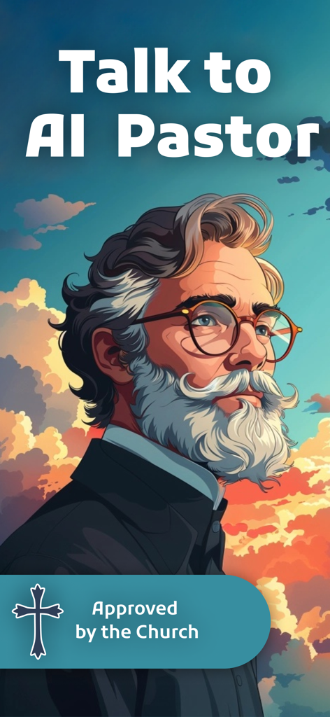 AI Pastor: Christian Chat,Talk - Pantalla introductoria de la aplicación Pastor IA con una ilustración de un sacerdote y el texto Habla con Pastor IA