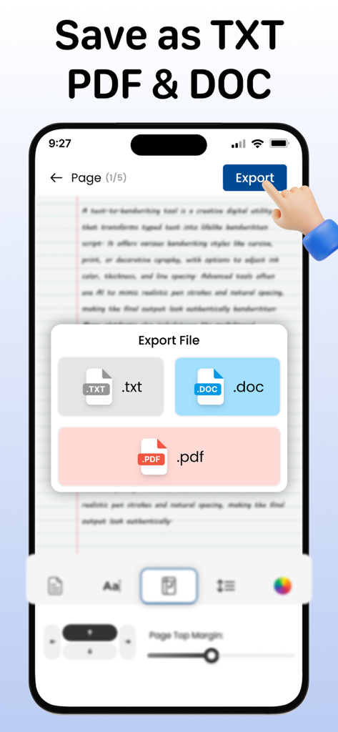 Text to Handwriting Converter - A mobile interface showing file export options for TXT, DOC, and PDF formats in a handwriting converter app.