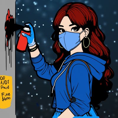 realistic girl with mask spray painting a wall