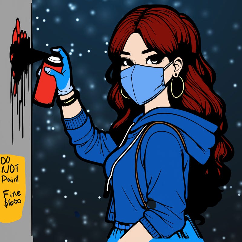 realistic girl with mask spray painting a wall