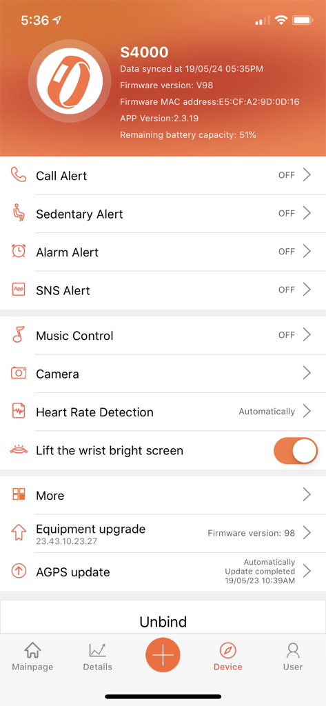 Schermata delle impostazioni del dispositivo dell'app VeryFitPro che mostra avvisi per chiamate e sveglie, rilevamento della frequenza cardiaca e opzioni di controllo della musica.