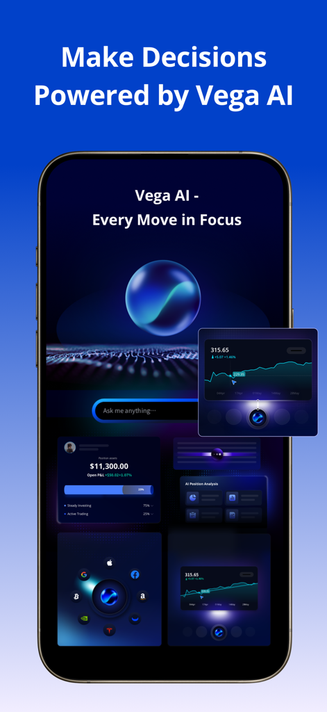 Interface de l'application mobile Webull montrant les fonctionnalités de Vega AI pour les tendances du marché et l'analyse de portefeuille.