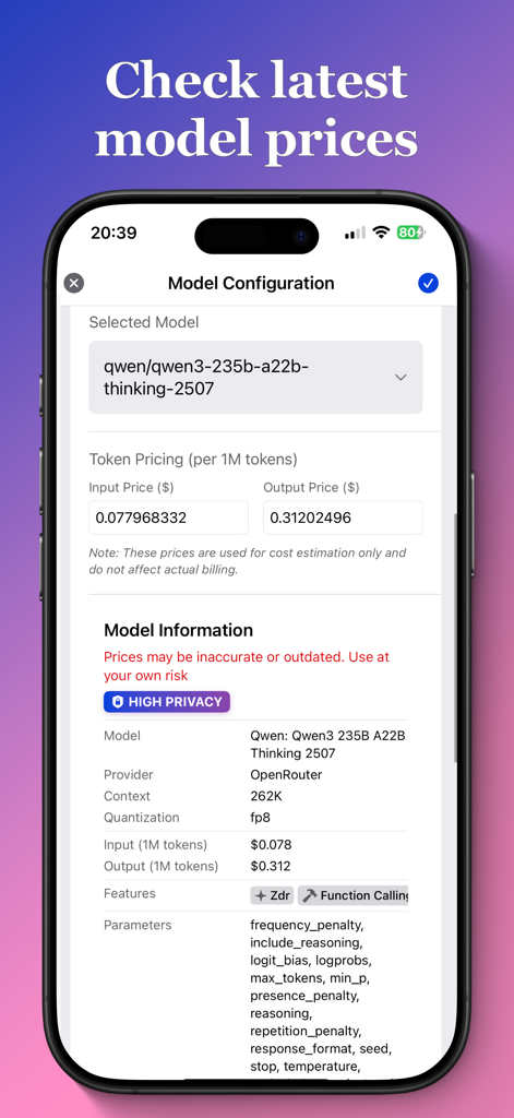 Privacy AI: Powerful chatbot - A mobile screen showing the Privacy AI model configuration with detailed token pricing and technical specifications for a Qwen model