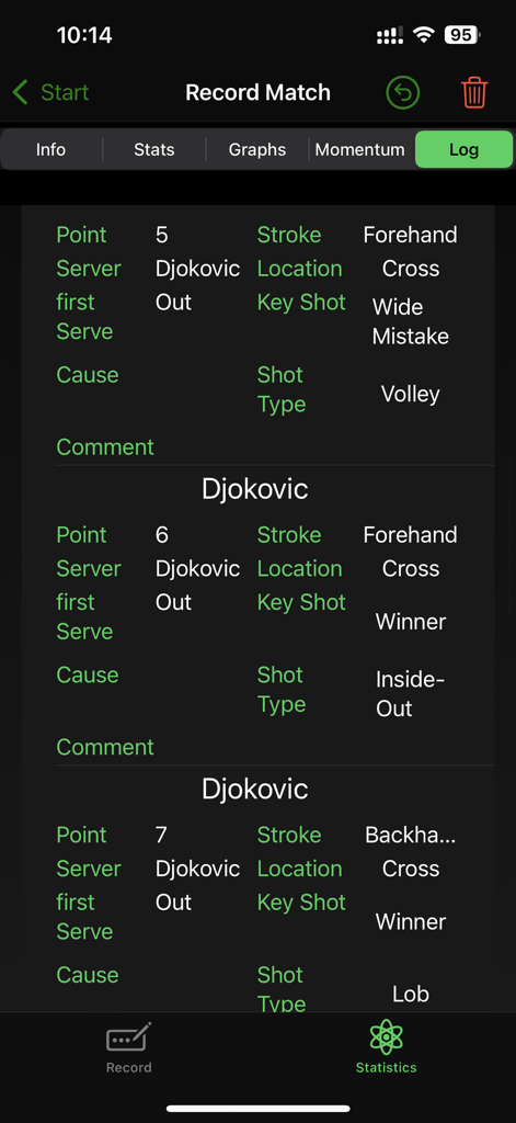 Tennis Track - Tennis Track app screen displaying a detailed point-by-point match log with shot types and statistics for each rally